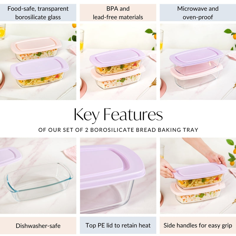 Set Of 2 Borosilicate Long Baking Dishes With Lid 1600ml