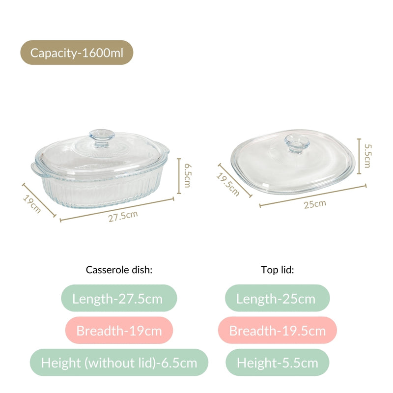 Fluted Glass Casserole Dish With Lid 1600ml