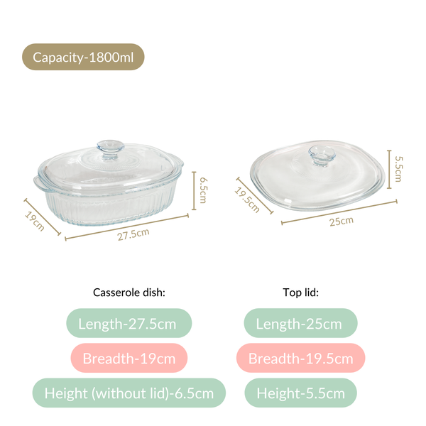 Fluted Glass Casserole Dish With Lid 1800ml