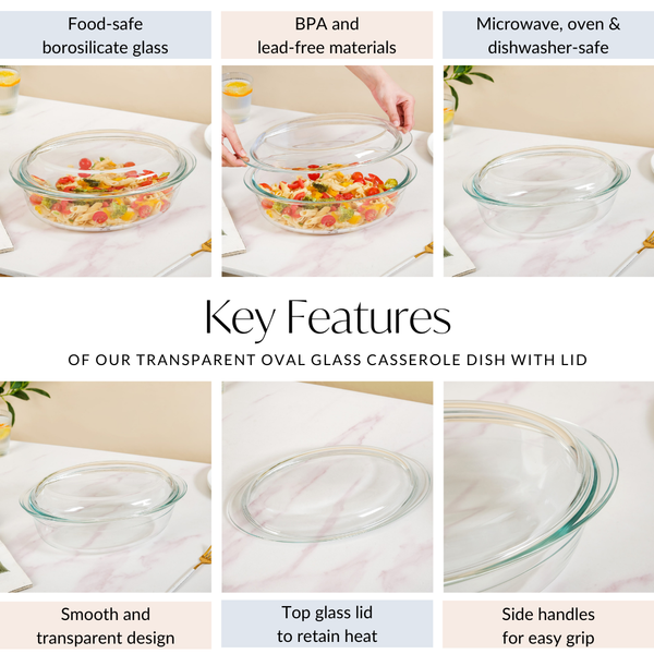 Transparent Oval Glass Casserole Dish With Lid 3300ml