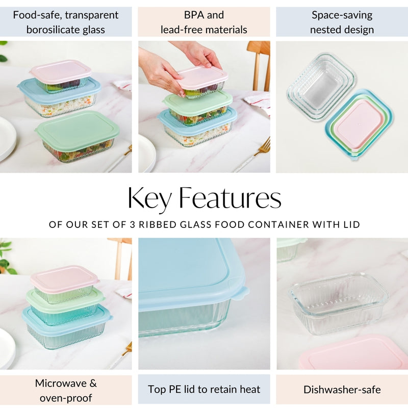 Set Of 3 Ribbed Glass Food Container With Lid