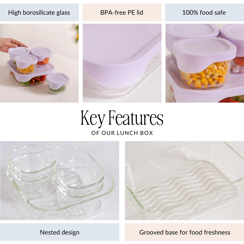 Groovo Lite Premium Borosilicate Food Container Set Of 5 220ml 1320ml