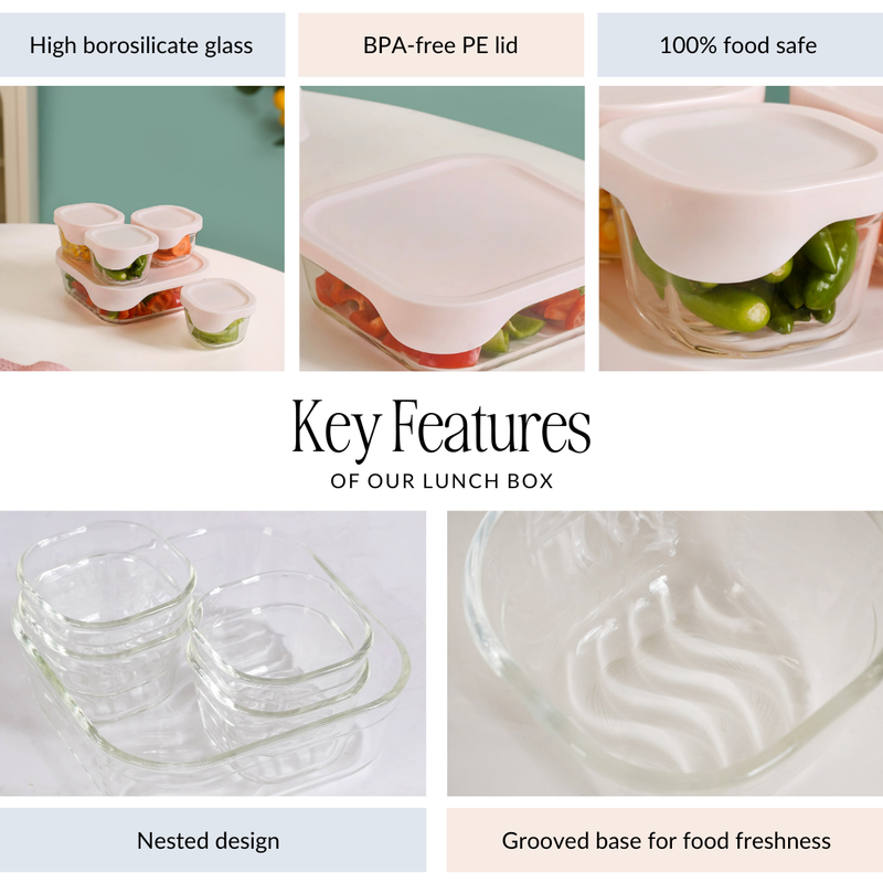 Groovo Lite Microwave Safe Glass Food Container Set Of 5 220ml 1320ml