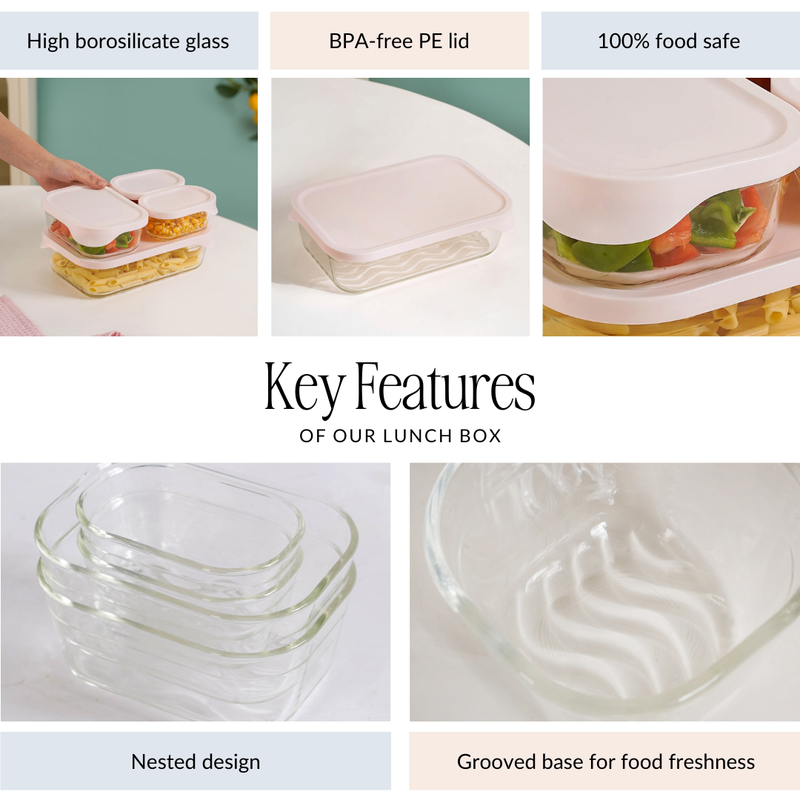 Groovo Lite Microwave Safe Glass Food Container Set Of 4 370ml 930ml 2500ml