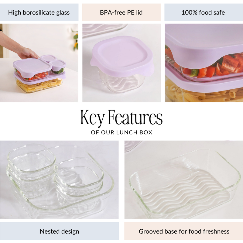 Groovo Lite Premium Borosilicate Food Container Set Of 4 220ml 1320ml 2500ml