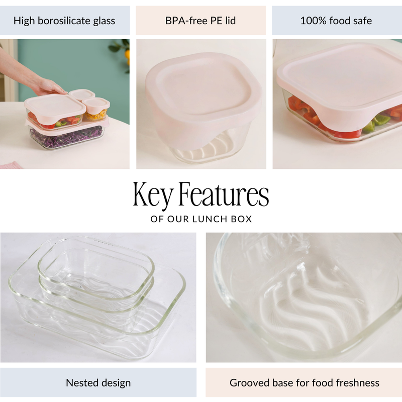 Groovo Lite Microwave Safe Glass Food Container Set Of 4 220ml 1320ml 2500ml