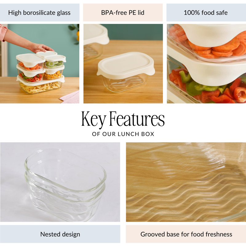 Groovo Lite Glass Food Container Set Of 6 370ml 930ml 1120ml 2500ml