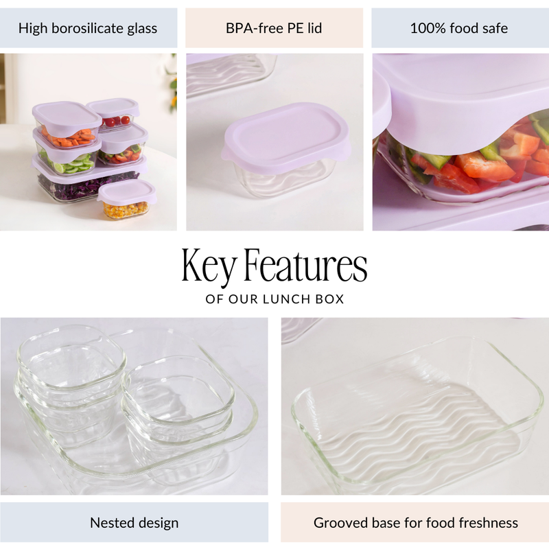 Groovo Lite Premium Borosilicate Food Container Set Of 6 370ml 930ml 1120ml 2500ml