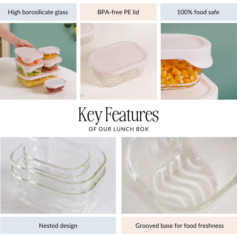 Groovo Lite Microwave Safe Glass Food Container Set Of 6 370ml 930ml 1120ml 2500ml