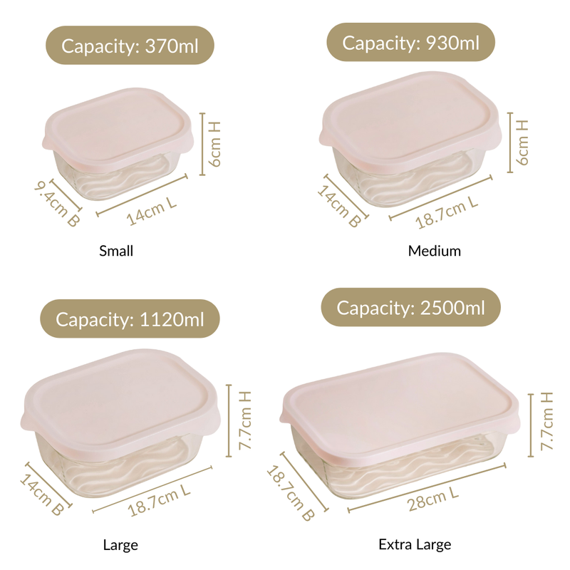 Groovo Lite Microwave Safe Glass Food Container Set Of 6 370ml 930ml 1120ml 2500ml