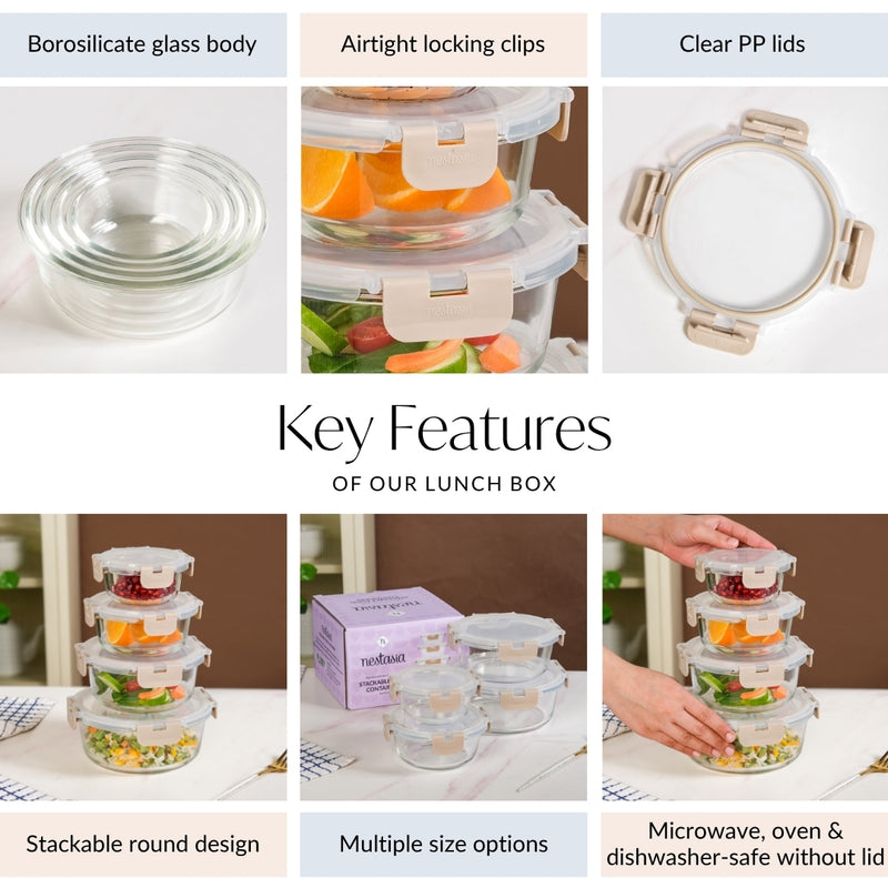 Nestro Pro Clip Lock Box Set Of 4 Round Beige 215ml 400ml 600ml 950ml