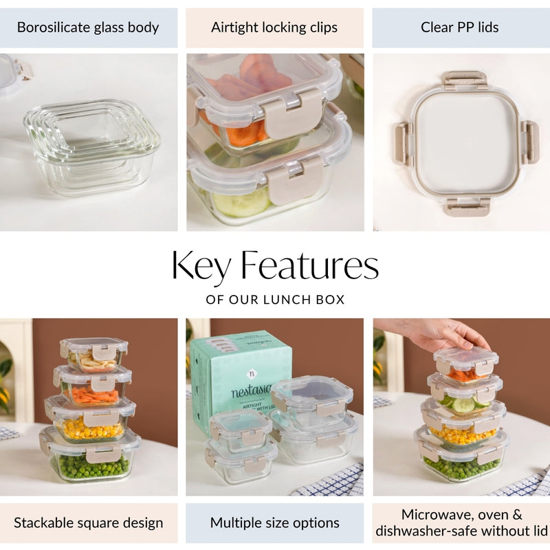 Nestro Airtight Containers Set Of 4 Square Beige 160ml 300ml 500ml 800ml