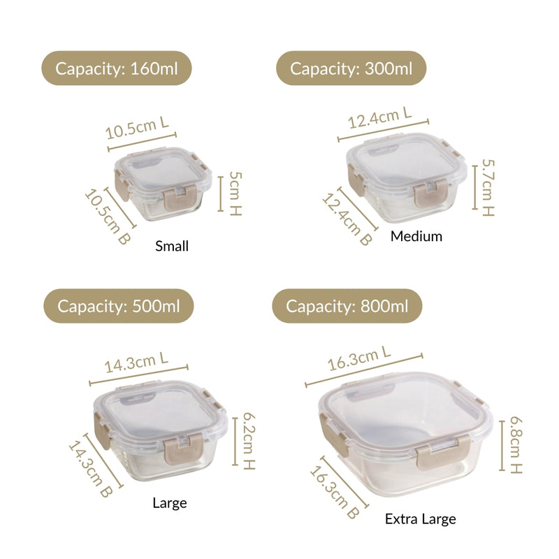 Nestro Airtight Containers Set Of 4 Square Beige 160ml 300ml 500ml 800ml