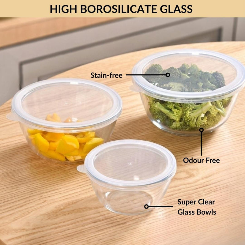 Glass Bowl With Lid Set of 3 Microwave Oven Safe