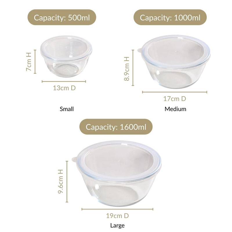 Glass Bowl With Lid Set of 3 Microwave Oven Safe