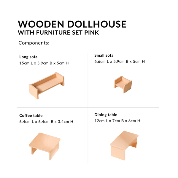 Wooden Dollhouse With Furniture Set Pink