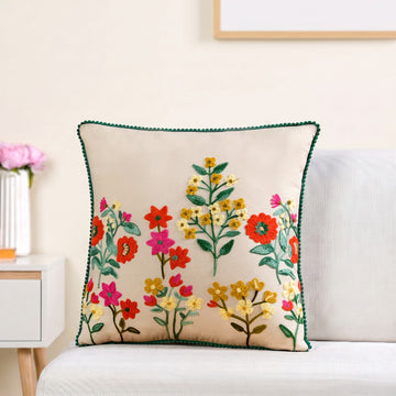 Meadow Blooms Embroidered Cotton Cushion Cover 40x40cm