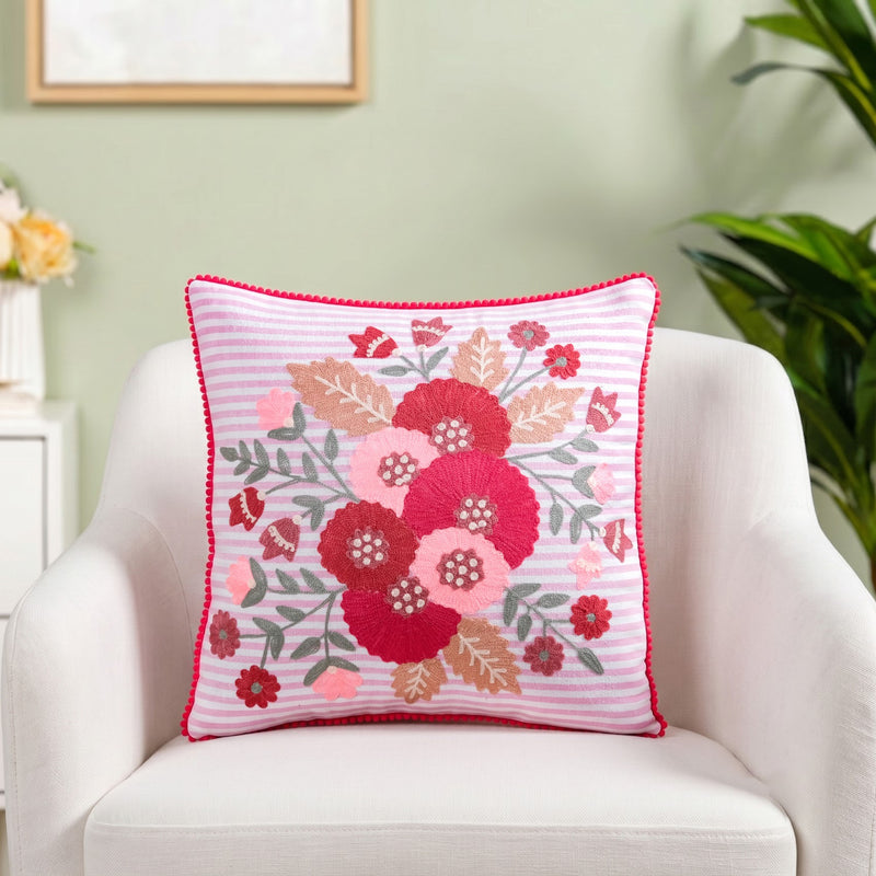 Pink Stripe Cotton Embroidered Cushion Cover 40x40cm