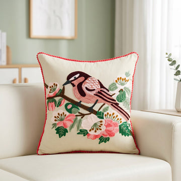 Songbird Bloom Embroidered Cushion Cover 40X40cm