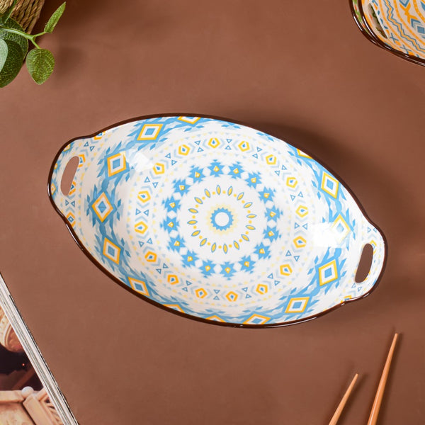 Mandala Yellow Diamond Ceramic Baking Plate With Handle