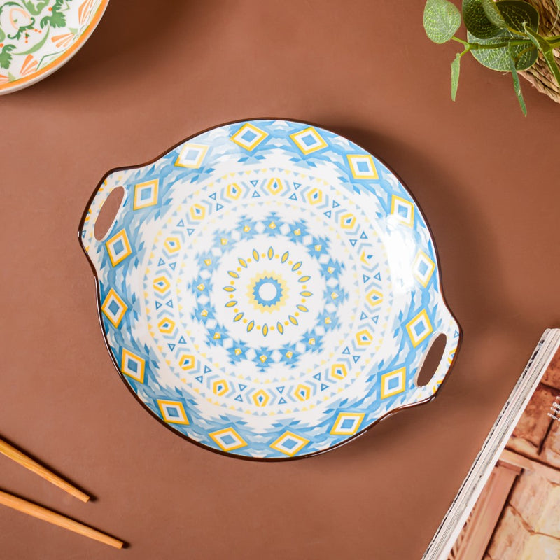 Mandala Blue Ceramic Round Plate With Handle - Ceramic platter, serving platter, fruit platter | Plates for dining table & home decor