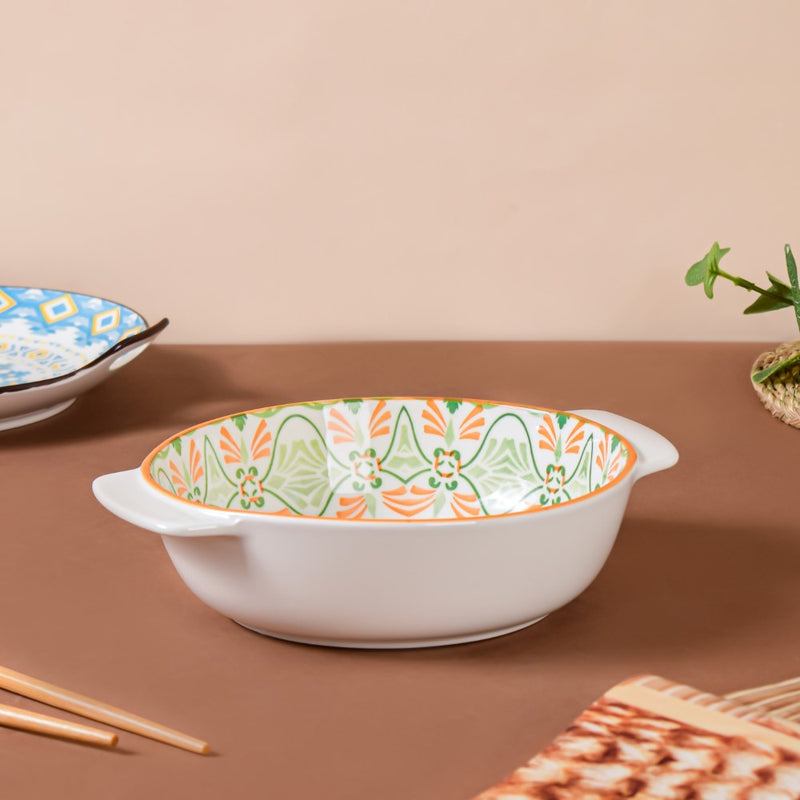 Mandala Green Floral Ceramic Baking Bowl With Handle 9 inch - Baking Dish