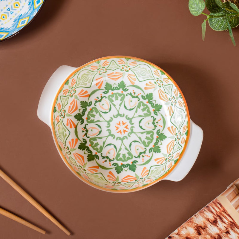 Mandala Green Floral Ceramic Baking Bowl With Handle 9 inch - Baking Dish