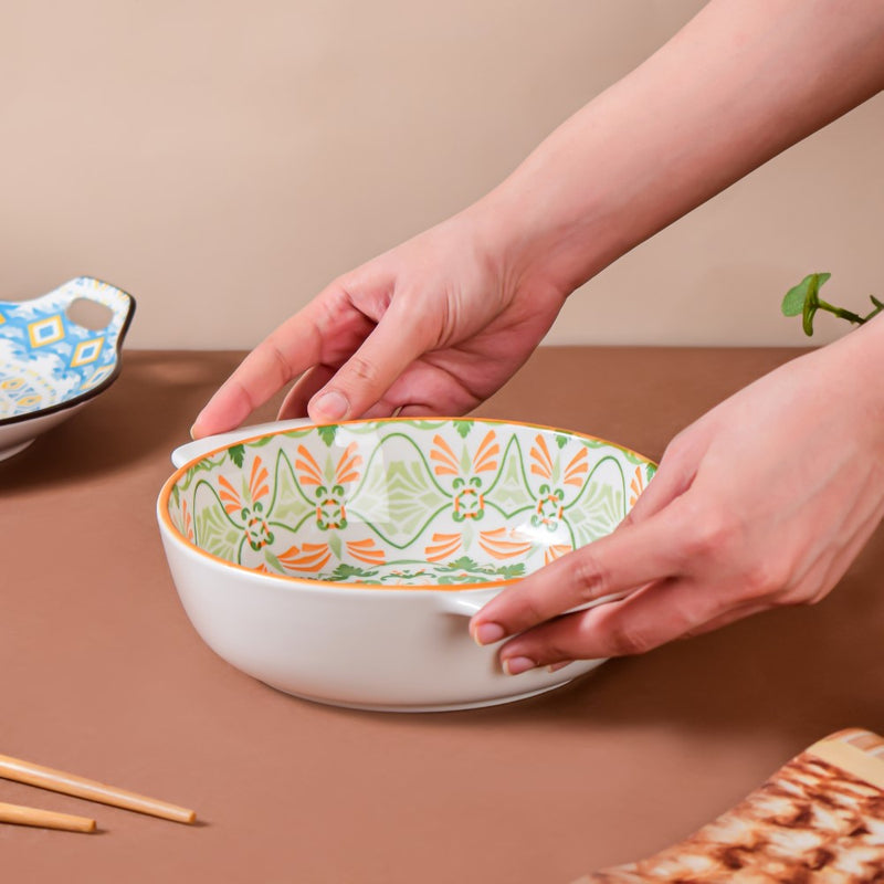 Mandala Green Floral Ceramic Baking Bowl With Handle 9 inch - Baking Dish