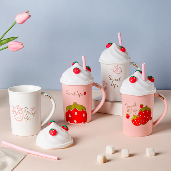 Strawberry Coffee Mug With Lid And Straw 380 ml