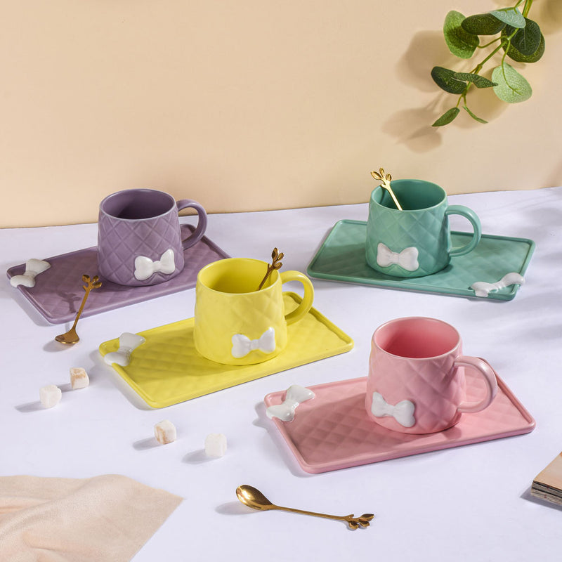 Bow Cup With Rectangular Plate Pink 260 ml- Tea cup, coffee cup, cup for tea | Cups and Mugs for Office Table & Home Decoration