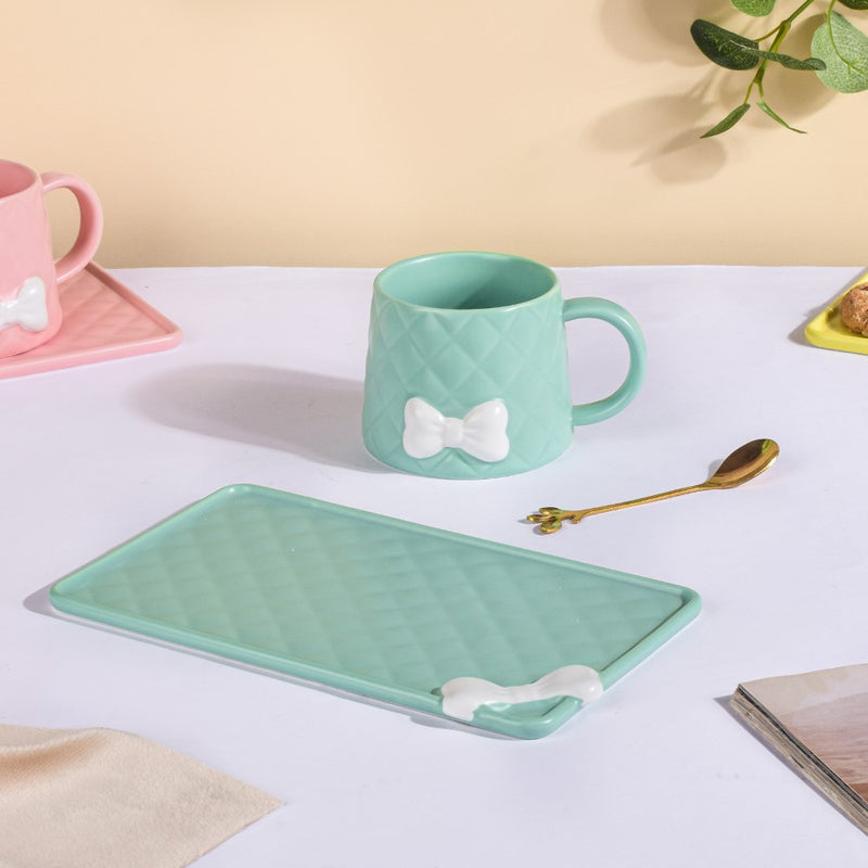 Bow Cup With Rectangular Plate Green 260 ml- Tea cup, coffee cup, cup for tea | Cups and Mugs for Office Table & Home Decoration