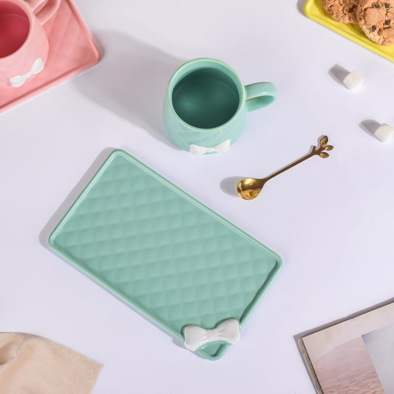 Bow Cup With Rectangular Plate Green 260 ml- Tea cup, coffee cup, cup for tea | Cups and Mugs for Office Table & Home Decoration
