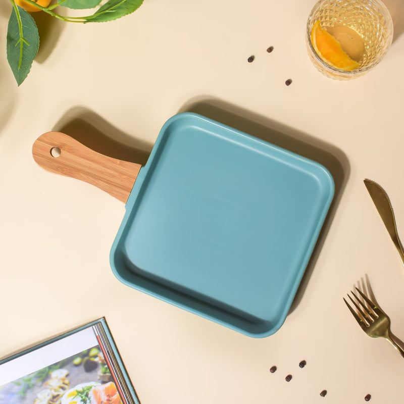 Square Plate With Wooden Handle Green - Ceramic platter, serving platter, fruit platter | Plates for dining table & home decor
