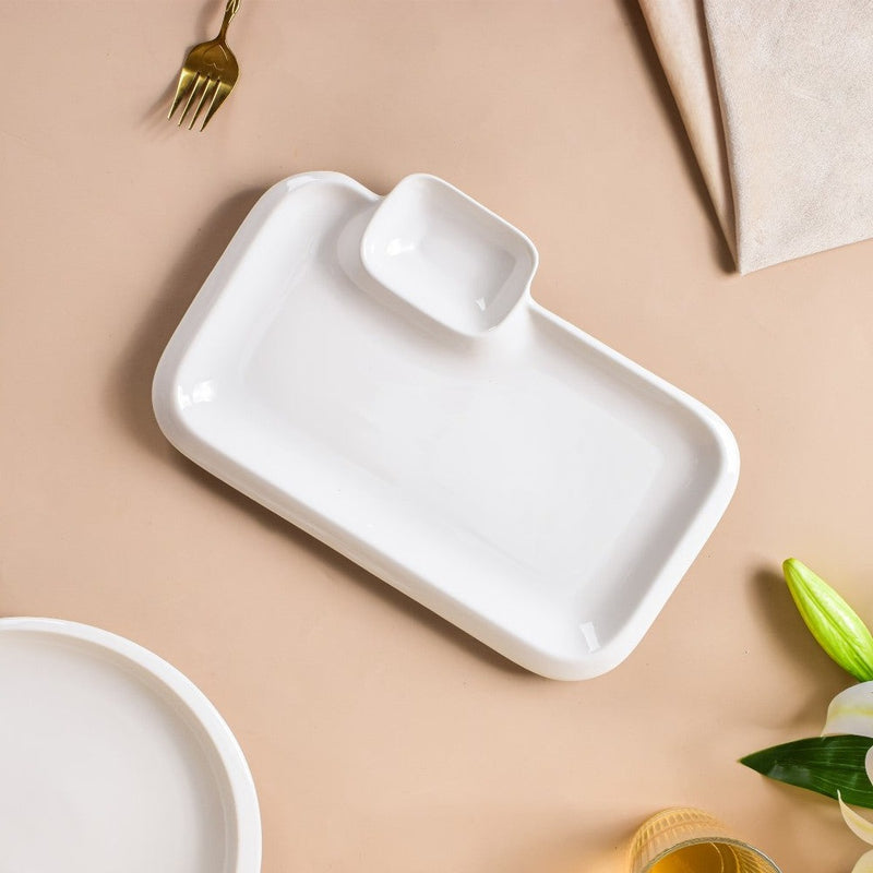 Serena Lily White Rectangle Section Plate Large - Serving plate, snack plate, momo plate, plate with compartment | Plates for dining table & home decor
