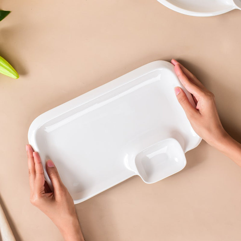 Serena Lily White Rectangle Section Plate Large - Serving plate, snack plate, momo plate, plate with compartment | Plates for dining table & home decor
