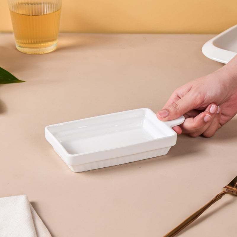 Serena Snowy White Long Platter With Handle - Ceramic platter, serving platter, fruit platter | Plates for dining table & home decor