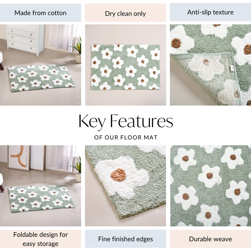 Sage Green Tufted Cotton Anti Slip Floor Mat 82x52cm