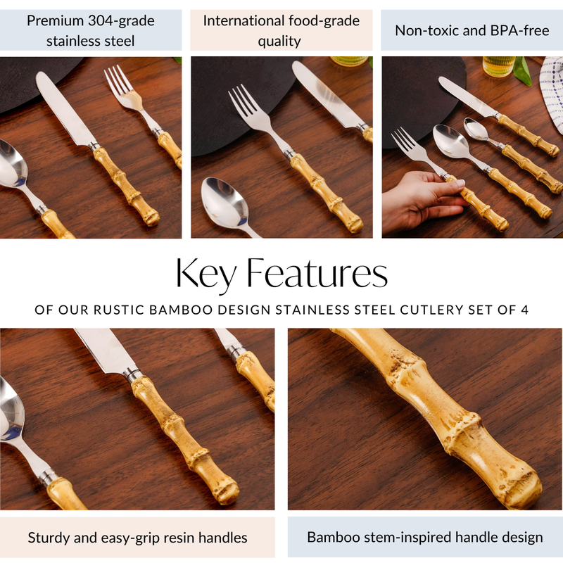 Rustic Bamboo Design Stainless Steel Cutlery Set Of 4