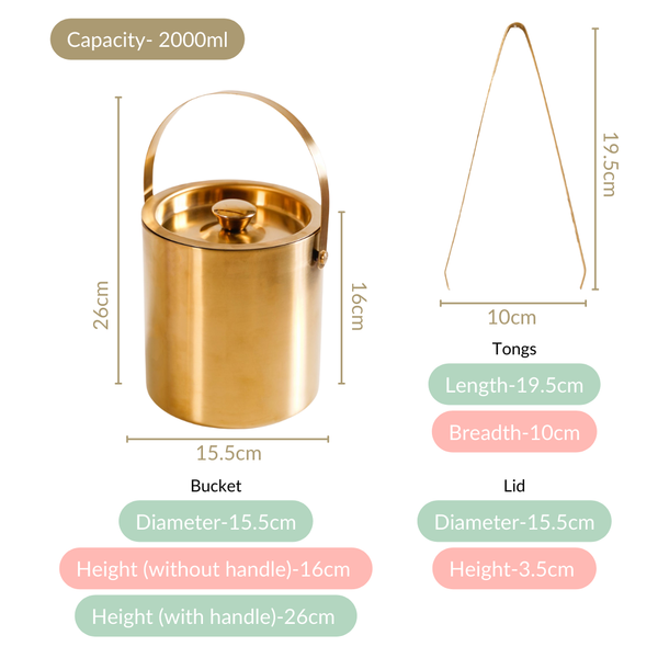 Ice Bucket And Tongs Set With Golden Finish 2000ml