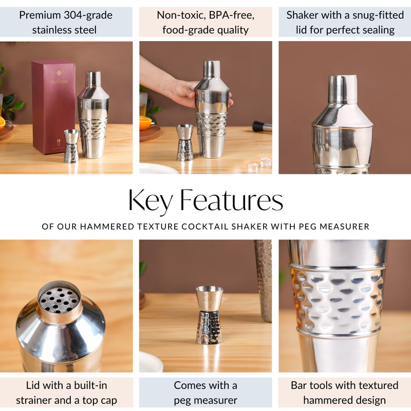Hammered Texture Cocktail Shaker With Peg Measurer