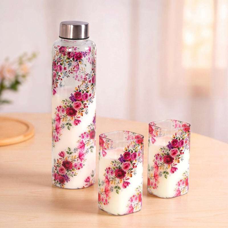 Rose Glass Bottle And Tumbler Set Of 3 In Gift Box
