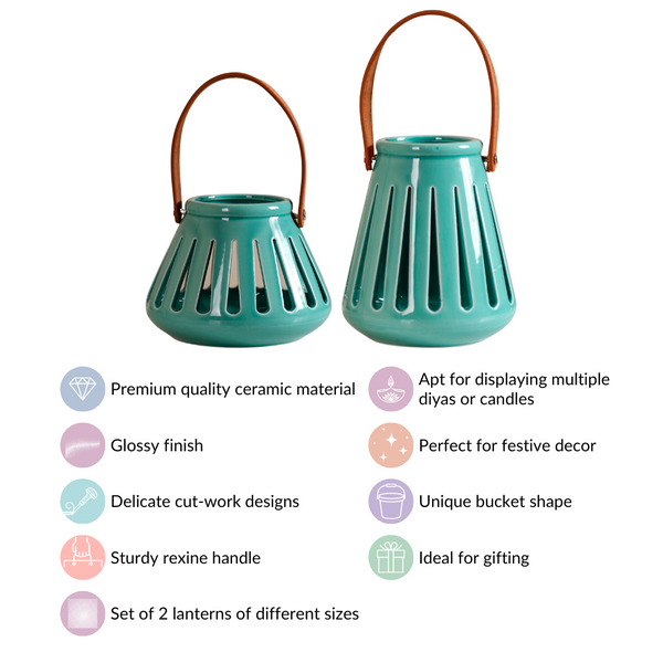 Teal Decorative Cut Out Lantern Candle Holder Set of 2