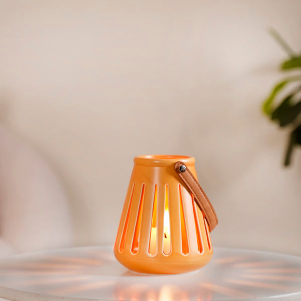 Ceramic Cutwork Yellow Lantern With Handle Set of 2