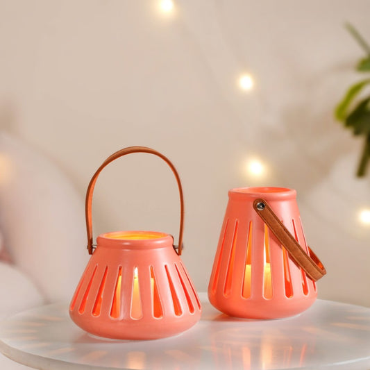 Decor Lantern Coral Red Set of 2- Decor Lamp Holder, Peach Lamp Holders, Set of 2 Lamp Holders, Decorative Peach Lighting, Stylish Lamp Holders