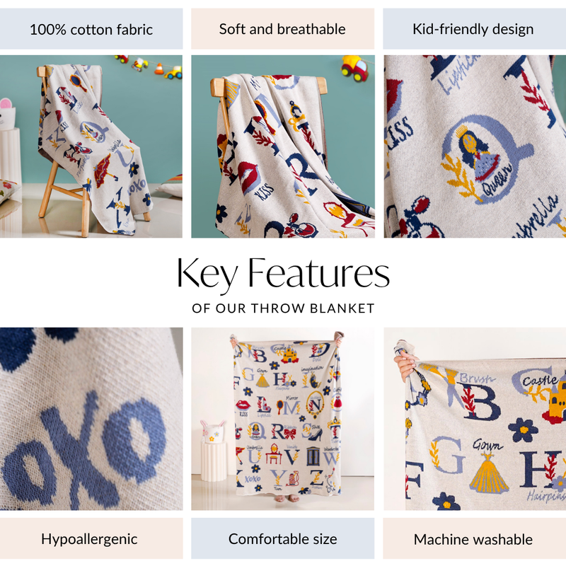 Castle And Crown Alphabet Knitted Kids Cotton Throw 150x128cm