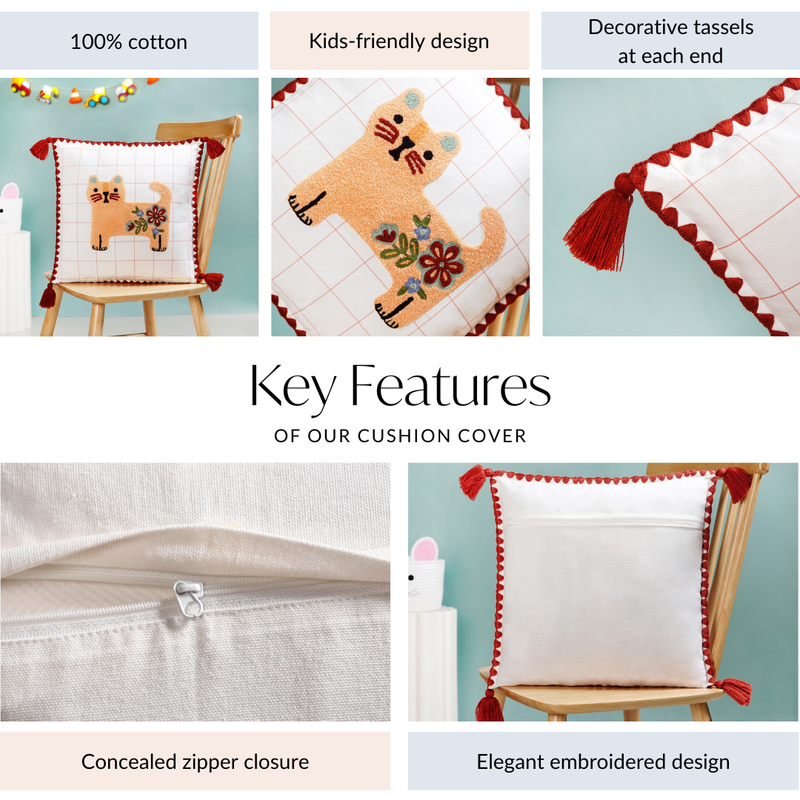 Cat Embroidered Cushion Cover With Tassels 42x42cm