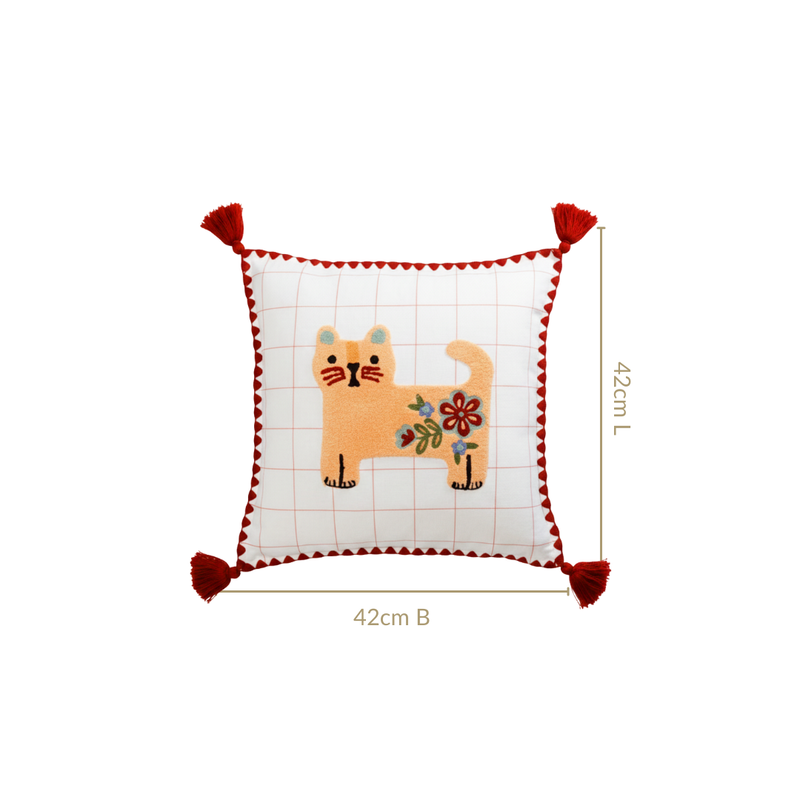 Cat Embroidered Cushion Cover With Tassels 42x42cm