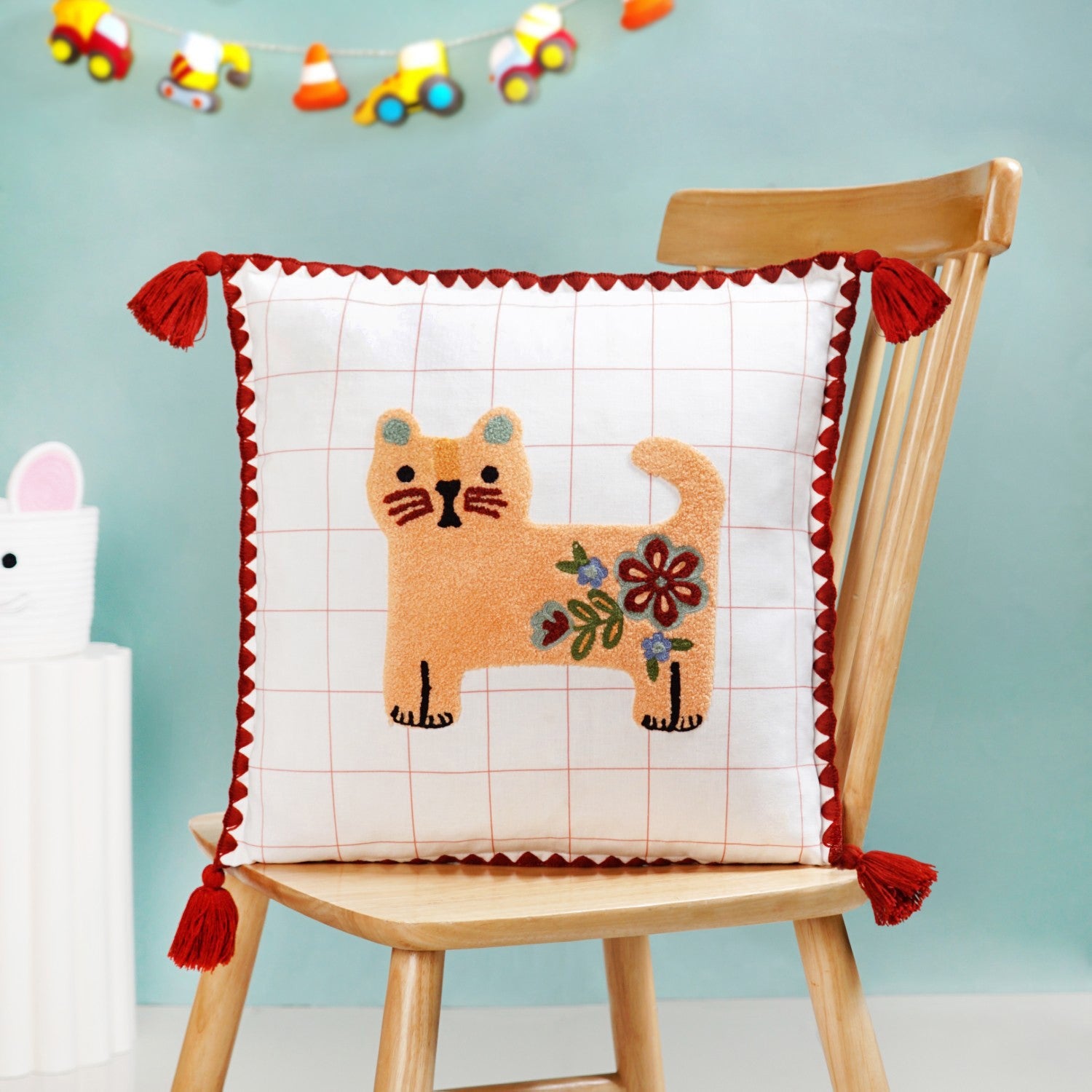 Floral Cat Embroidered Cushion Cover With Tassels 42x42cm