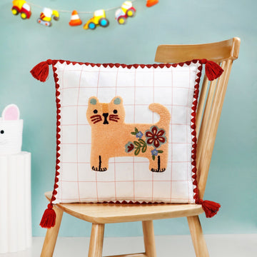 Cat Embroidered Cushion Cover With Tassels 42x42cm