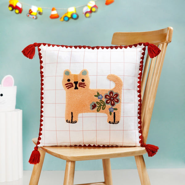 Cat Embroidered Cushion Cover With Tassels 42x42cm